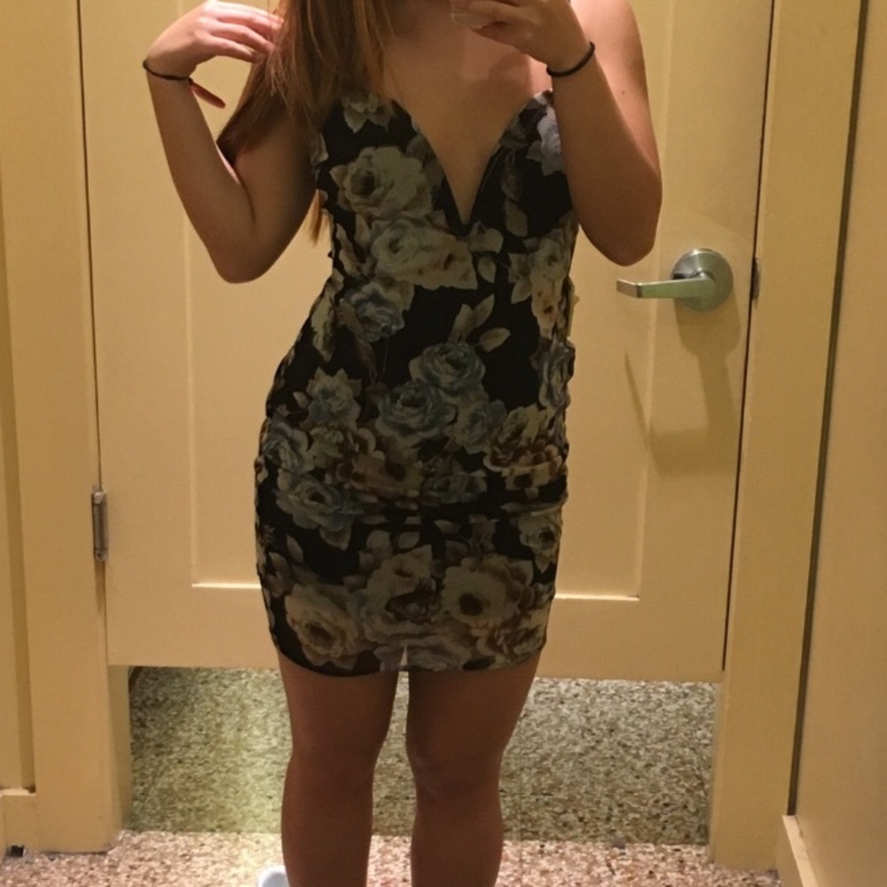Floral Navy Formal Dress Deep V